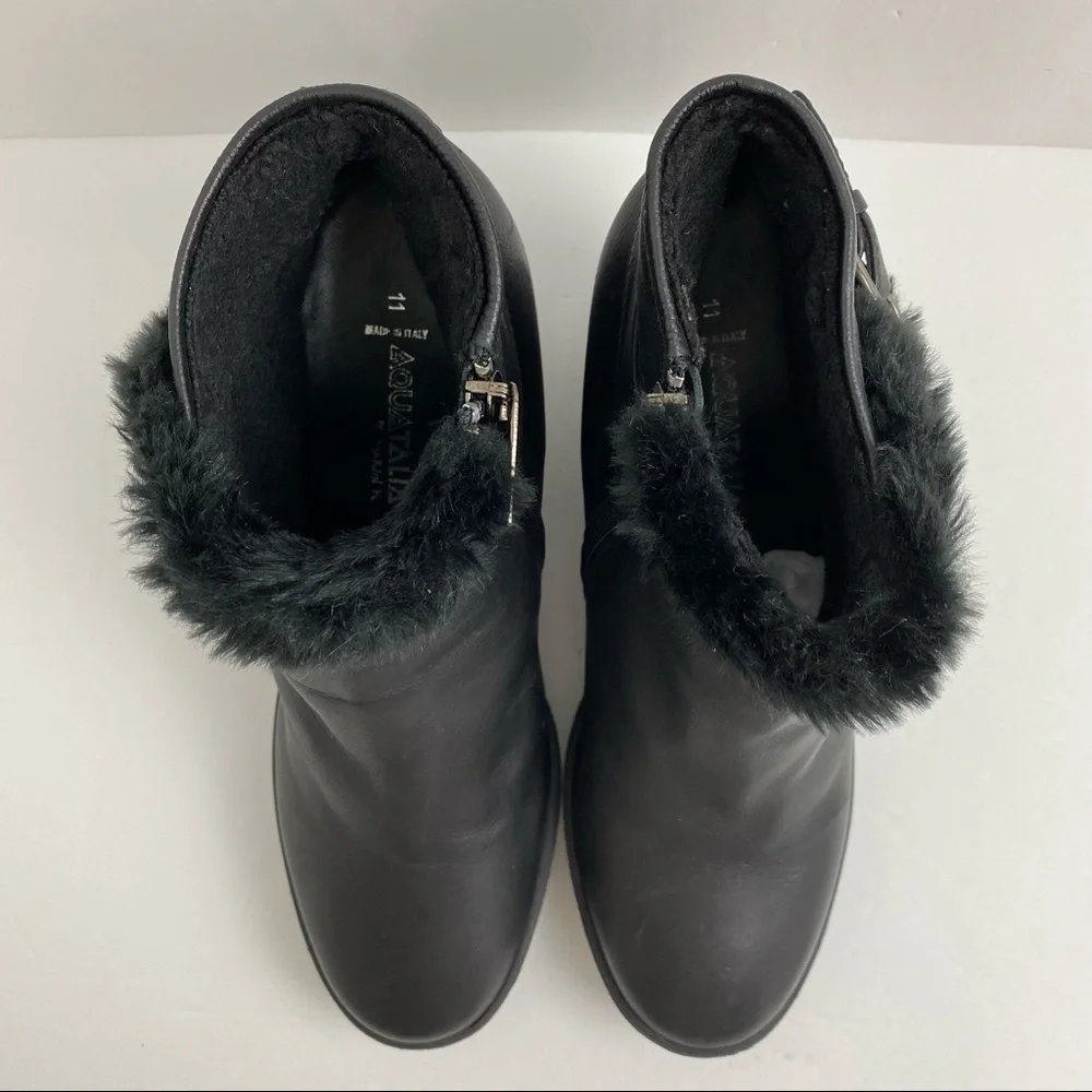 Aquatalia By Marvin K. size 11 Women’s Black Cameron Faux Fur Trim Wedge Bootie